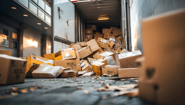 The delivery truck door opens and packages fell out. Box pile left on the floor
