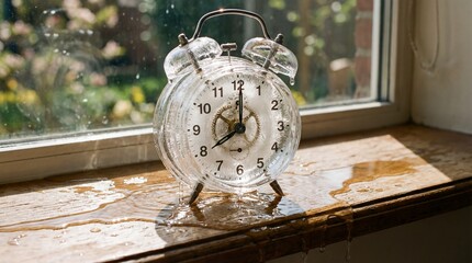 Vintage analog alarm clock melting or dissolving in water