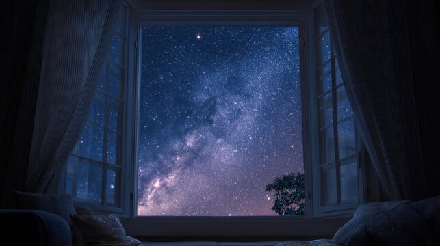 Stunning milky way view through open window at night