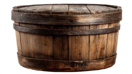 Obraz premium Rustic wooden barrel with metal bands on white background