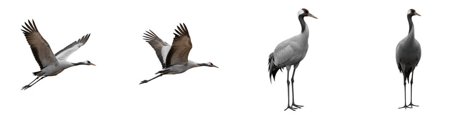 Common Crane Set Isolated on White Background, Grus Grus in Flight and Standing Poses, Large...