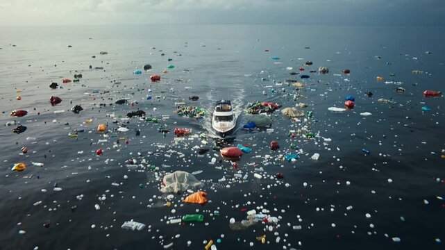 Modern motor yacht navigating through massive field of floating plastic waste in open ocean. Environmental pollution and ecological crisis concept. Drone aerial footage with backward camera movement.