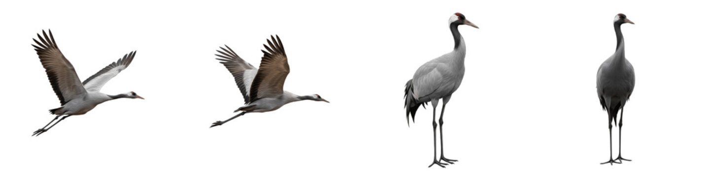 Common Crane Set Isolated on White Background, Grus Grus in Flight and Standing Poses, Large Migratory Bird, Transparent PNG Wetland Wildlife Clipart Collection