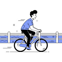 Fototapeta premium Young male riding bicycle on path by water, minimalist style