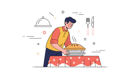 Young caucasian male baking pie: culinary activity illustration with table setting