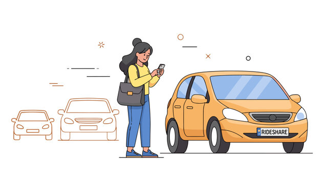 Young asian female using smartphone for rideshare service with yellow car