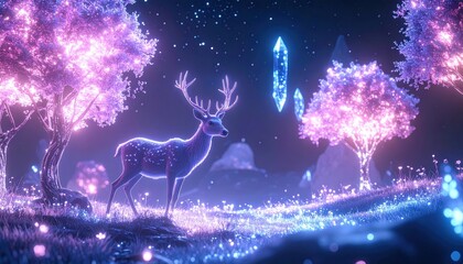 Enchanted Forest Deer Surrounded by Glowing Flora and Crystalline Structures.