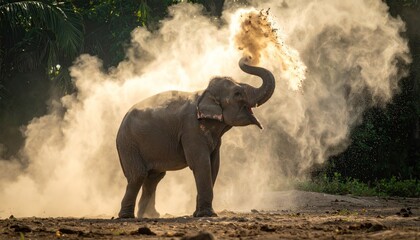 Elephant throwing dust in the air in a natural habitat.