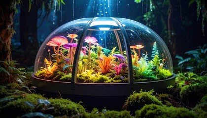 Bioluminescent Mushroom Terrarium in Enchanted Forest.