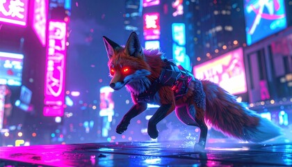 Cyberpunk Fox in Neon Cityscape - A Futuristic Animal Illustration.