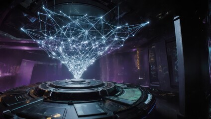 Futuristic AI Brain Visualization - Networked Data Processing in a Dark Room.