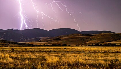 Dramatic Lightning Storm Over Rolling Hills and Golden Fields.