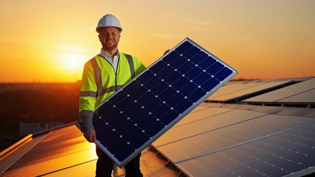 Smiling engineer wearing a hard hat and safety vest, holding a large solar panel on a rooftop with many other panels, bathed in the warm light of a sunset