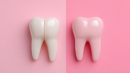 Two artificial teeth, one white and one pink, are displayed on a split pink background, representing dental health and a playful approach to oral care.