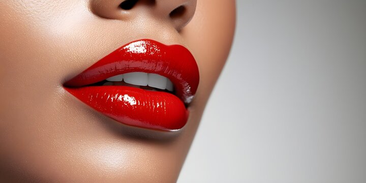Woman with glossy red lips showing perfect white teeth. Close up of female face with bright makeup. Beauty concept for cosmetics and skincare. Banner with copy space