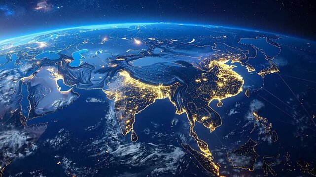 Detailed view of planet Earth, focusing on Asia and surrounding continents at night.