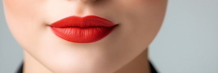 Close-up of a womans face with red lipstick. Beauty salon procedure for lip makeup and cosmetic care. Anti aging fashion concept. Banner with copy space