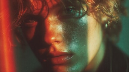 Dramatic Portrait of a Person with Shadows and Colorful Light Effects