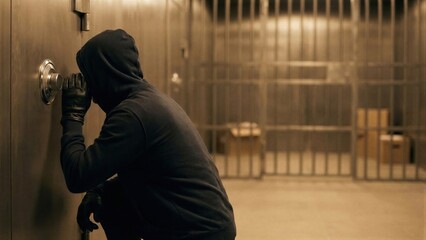 Man thief cracking vault safe in bank. Bank robbery attempt in vault with prisoner cell concept. Financial crime, security breach.