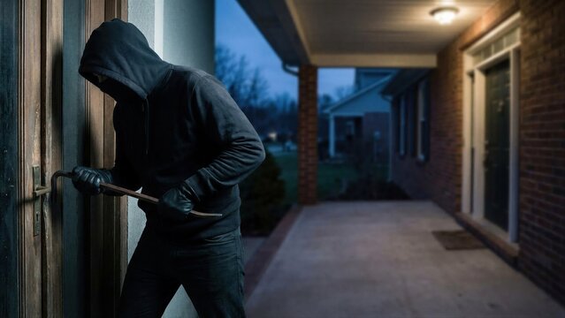 Man burglar using crowbar to break into house at night with spotlight. Home security and robbery concept for crime prevention.