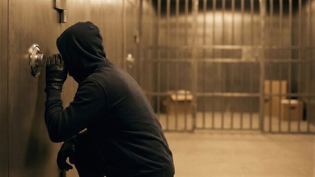 Man thief cracking vault safe in bank. Bank robbery attempt in vault with prisoner cell concept. Financial crime, security breach.