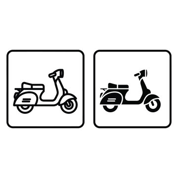 Vintage motor scooter icons displayed as simple flat black symbols on a plain white background for minimalist transport graphics.
