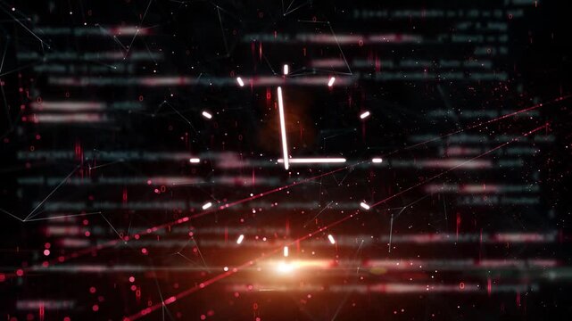 Abstract analog clock floating in a futuristic digital computer background made of blurred code lines, data streams and glowing particles, creating a tense, high-tech atmosphere.