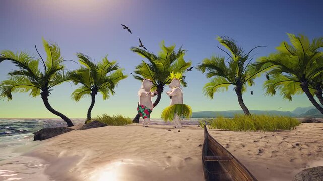 3D Animation of a Couple of Polar Bears Dancing on Tropical Beach, Romantic Travel Getaway with Exotic Island, Palm Trees, Ocean, Paradise Holiday, Ideal for Love, Honeymoon, and Valentine&rsquo;s Day.