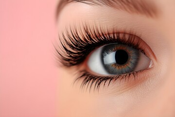 Obraz premium Woman eye with long lush false eyelashes on pink background. Beauty treatment for professional salon eyelash extensions. Cosmetic procedure.