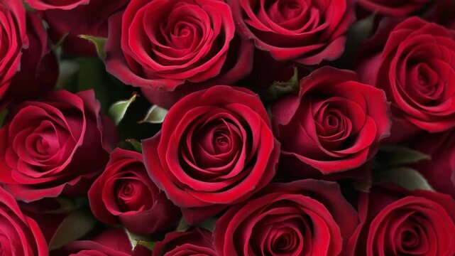 Lush panoramic background of vibrant red roses creating a beautiful floral pattern. A romantic texture for valentine's day, a wedding, or an anniversary celebration