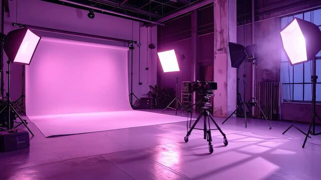 Professional photography studio setup with lighting equipment and backdrop, illuminated with vibrant pink and purple hues.