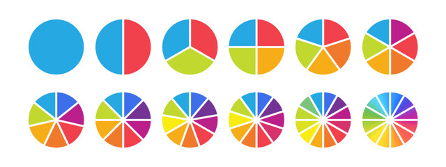 Colorful pie chart set for data infographic, business analytics, presentation, report