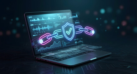 Blockchain technology and cyber security concept with digital shield and neon chain links on laptop screen displaying financial data analytics and futuristic encryption system