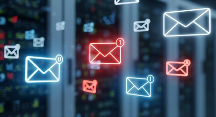 Email server room with glowing blue and red message icons representing communication, data transfer, and digital notifications in a modern data center environment