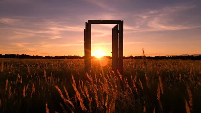 Open doorway frame standing in a field of golden wheat grass at sunrise or sunset, creating a conceptual portal