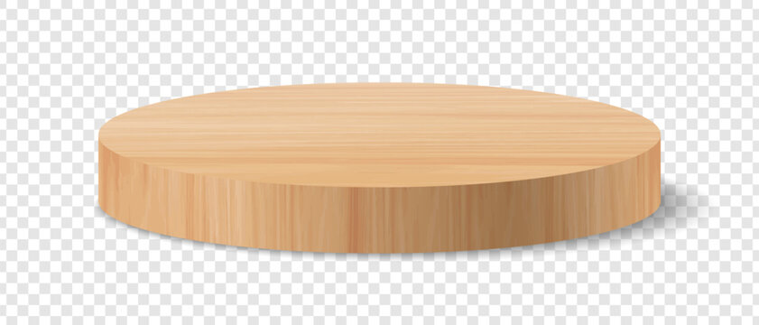 Wooden round podium. Wood pedestal on transparent background for product display, cosmetic mockup