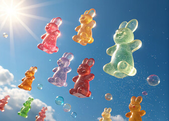 Transparent Colorful Assorted Gummy bunnies Floating in Mid-Air Against a Vibrant Blue Sky with Sunlight Highlighting Their Translucent Jelly Bodiesgummy bunnies