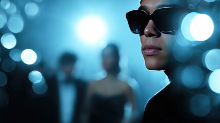 Mysterious Nightlife: Elegant Man in Sunglasses Amidst Blurred Bokeh Lights