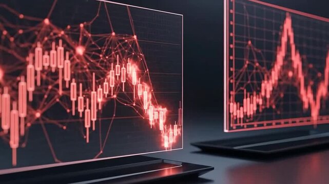 Two screens displaying red financial charts and network connections, symbolizing market analysis.