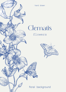 Toile Floral border illustration Clematis flowers, butterflies for design greeting card, wedding decor, invitation, gift. Vintage bloming twig Vector background Blue beige. Engraved Hand drawn element