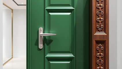 Obraz premium Elegant green paneled door with modern silver handle beside a decorative carved brown door.