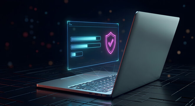 Futuristic cybersecurity concept with laptop computer showing glowing neon shield icon and loading progress bars for data protection and digital system security on dark background - Powered by Adobe