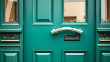 Teal Front Door with Handle and Mail Slot.