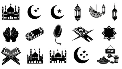 Assorted Islamic symbols and icons, including mosques, crescent moons, and prayer hands, arranged in a grid layout for Ramadan celebration.