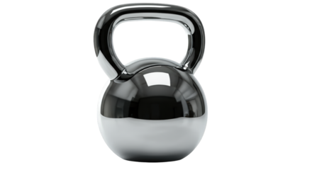 Shiny black kettlebell weight for fitness and workout, isolated on transparent background.