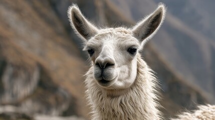 Obraz premium A friendly llama gazes into the distance surrounded by breathtaking mountain scenery during daytime.