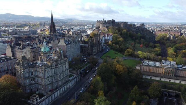 Edinburgh Castle and the Scot monument drone shot three