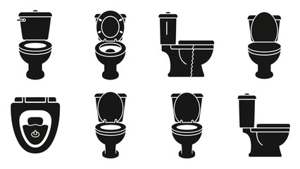 Various toilet designs and styles illustrated in black and white, showcasing different viewpoints and bathroom fixtures.