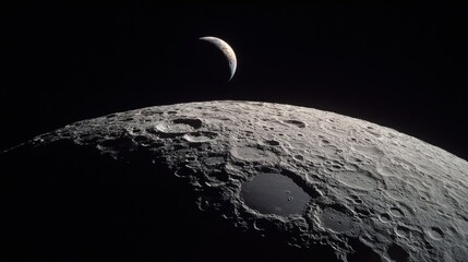 A stunning view captures the moons craters with Earth visible as it rises above the horizon.
