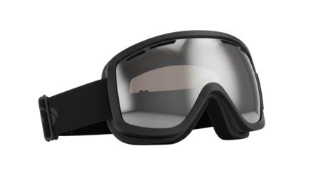 Black ski goggles with gray lenses for snow sports and winter protection isolated on transparent background.